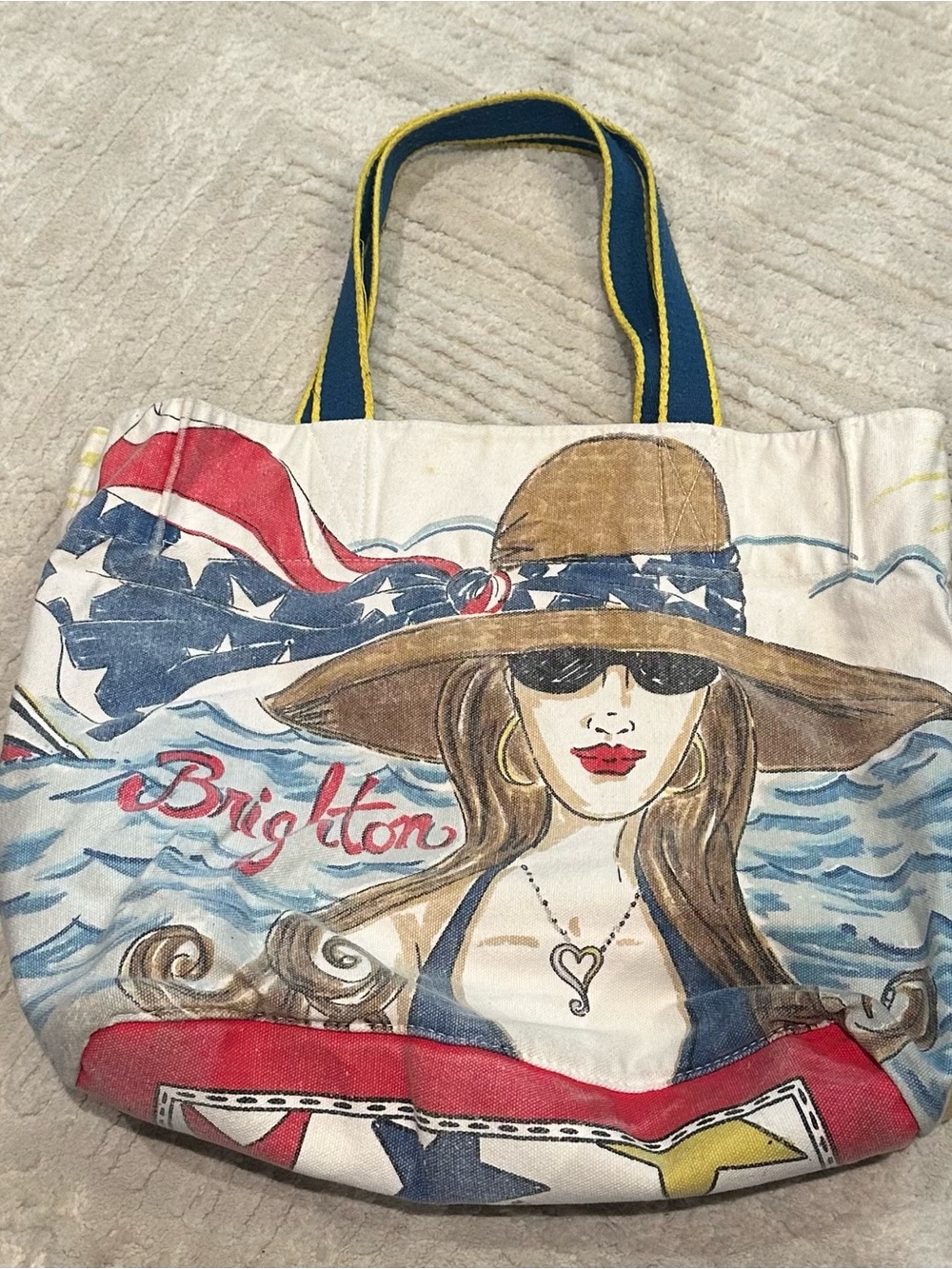 Brighton Canvas Tote with Patriotic Woman Illustration - Blue, Red, Tan, Yellow